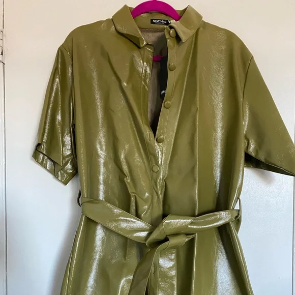 olive green satin shirt dress Women's Olive Green Sheepskin Leather Shirt Dress main image 1